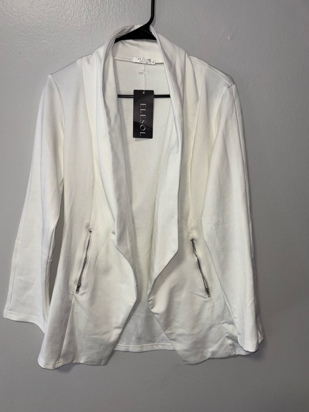 Elle White Open-Front Shawl Collar Blazer with Zipper Pockets